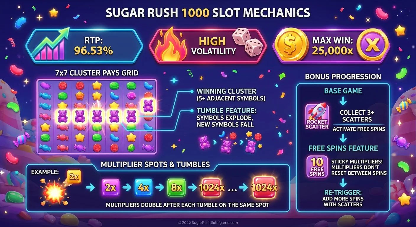 Sugar Rush 1000: the cluster-pays slot making noise mid image